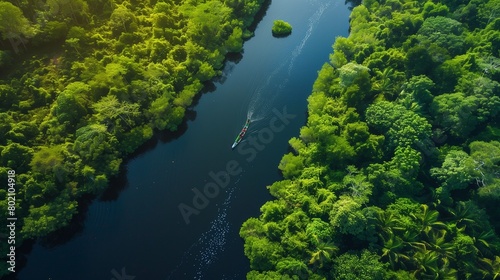 A serene river winding through lush greenery, perfect for a leisurely canoe ride.