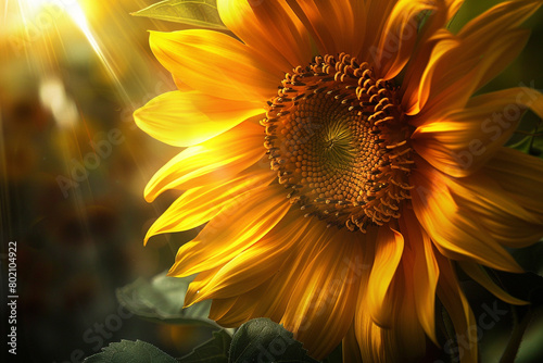 Sunlight filtering through the petals of a blooming sunflower, creating a mesmerizing play of light and shadows.