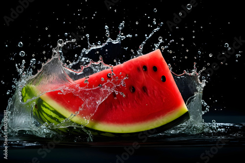 Watermelon in water splash isolated on dark backgrounds