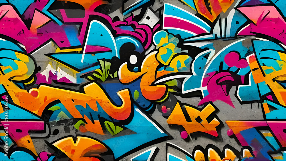 Fototapeta premium Beautiful colorful graffiti art layered on a weathered concrete wall for background