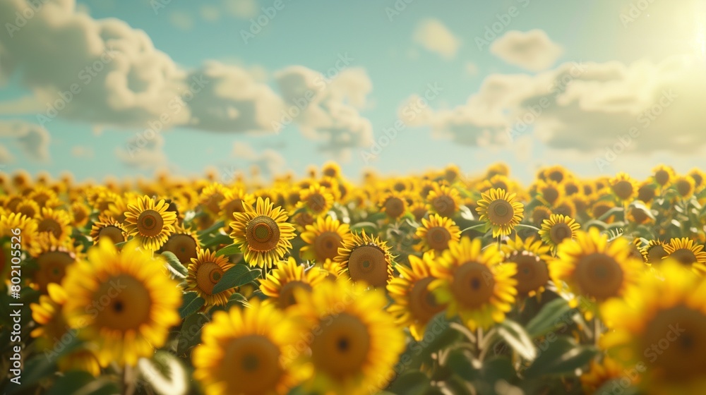 Fototapeta premium A sunflower field stretching as far as the eye can see.