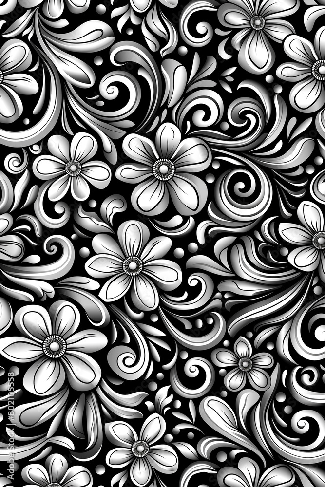 A black and white floral pattern with a silver and gold color scheme A black and white floral pattern with a silver and gold color scheme