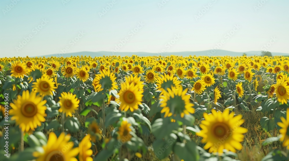 A sunflower field with a clear blue sky in the background.
