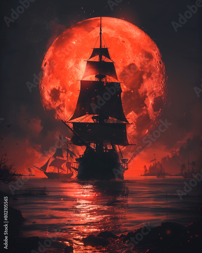 A large red ship sails in the ocean with a full moon in the background