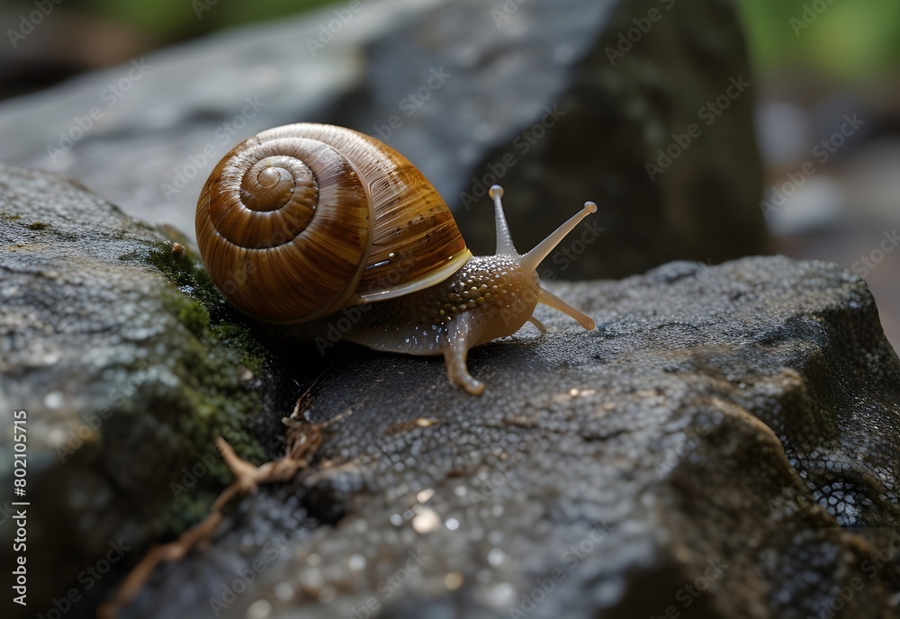 A snail glides across a stone, its slimy trail shimmering against the stone's rough texture, generative AI A snail glides across a stone, its slimy trail shimmering against the stone's rough texture, generative AI