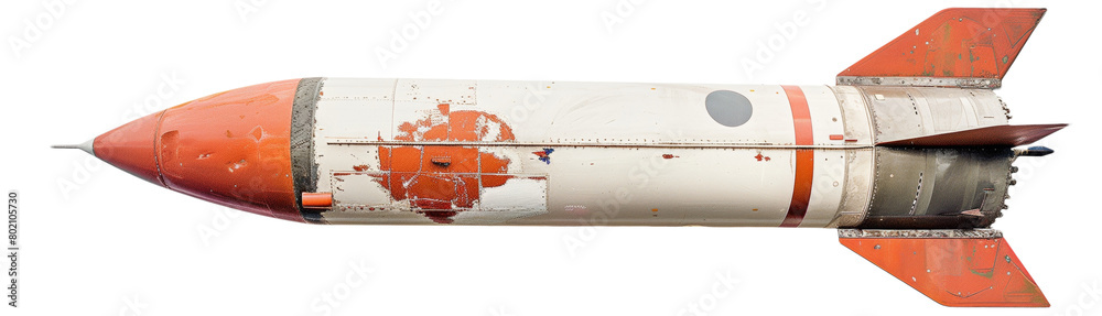 Side view of an old weathered missile isolated on a white background. Side view of an old weathered missile isolated on a white background.