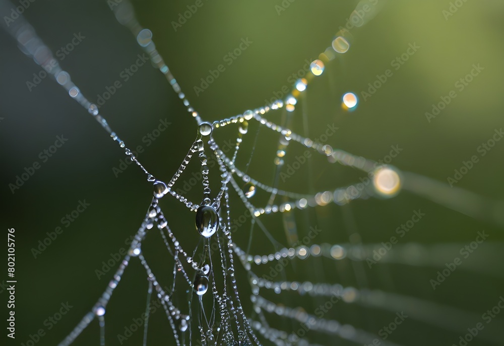 Dew droplets on a spider web refract light into tiny rainbows against a blurred green backdrop, generative AI
