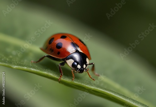 A ladybug perches on a leaf, its red shell glistening, antennae twitching, generative AI