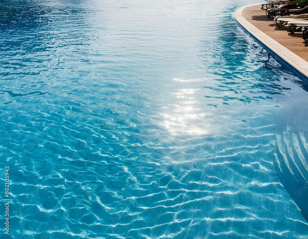 Beautiful view of swimming pool surface with clear blue water with sunlight reflections on wave. Summer vacation concept background