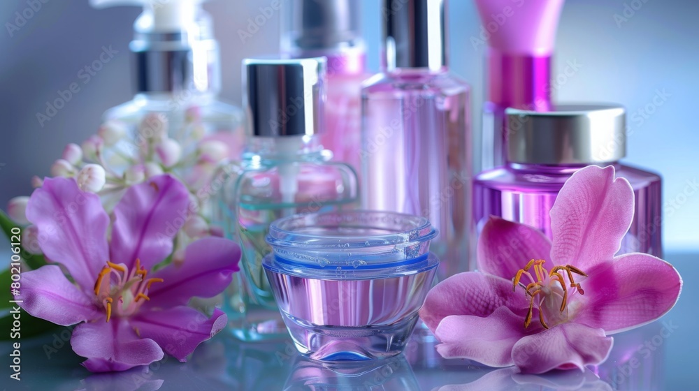 An array of beauty products surrounded by vibrant orchids on a reflective surface. An array of beauty products surrounded by vibrant orchids on a reflective surface.