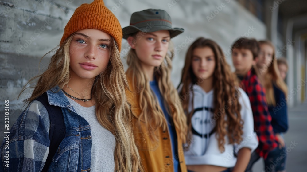 Teen fashion, eco-conscious young group, school campus, casual and trendy Teen fashion, eco-conscious young group, school campus, casual and trendy