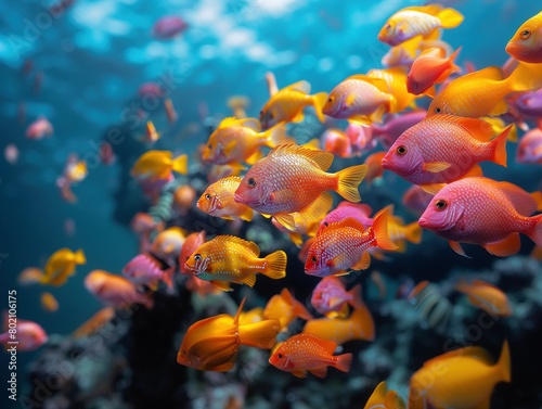 Vivid school of red and orange cichlid fish swimming in crystal-clear waters, highlighting underwater diversity and aquatic beauty. Concept of marine ecosystems, vibrant underwater life.