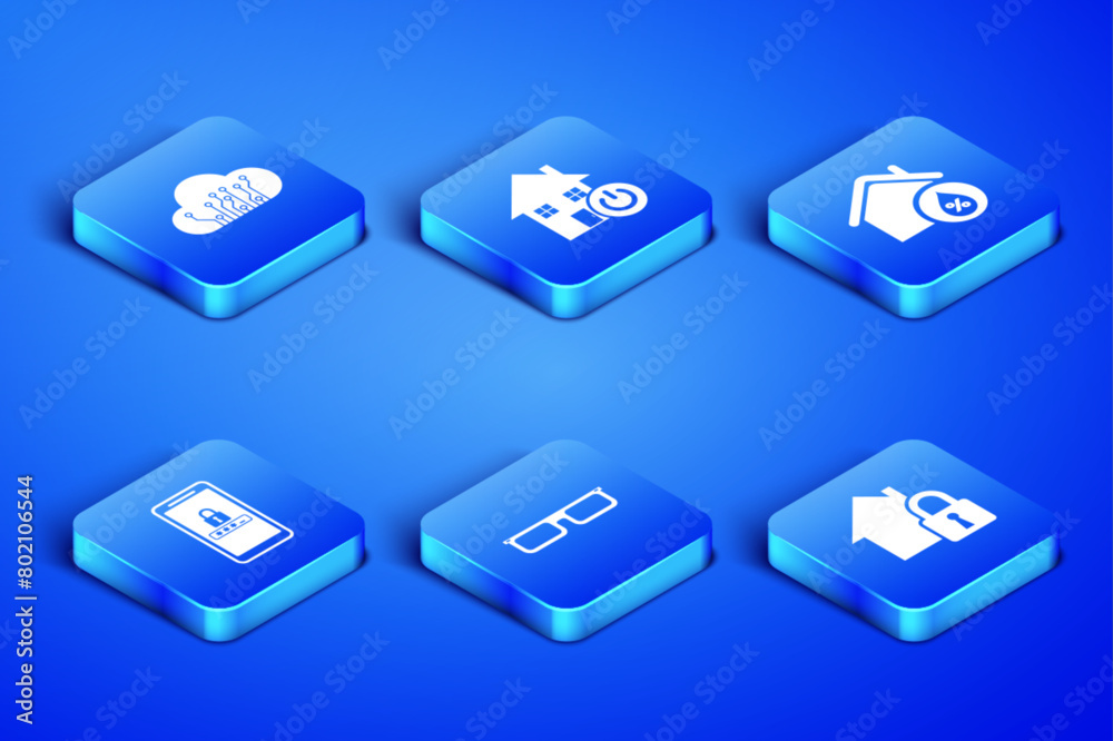 Set House under protection, Internet of things, Glasses, Mobile and password, Smart home and humidity icon. Vector