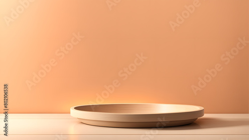 A wooden bowl is sitting on a table in front of a beige wall