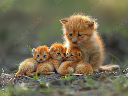 Cluster of orange kittens huddled together in natural light, embodying vulnerability and the delicate beginnings of life.