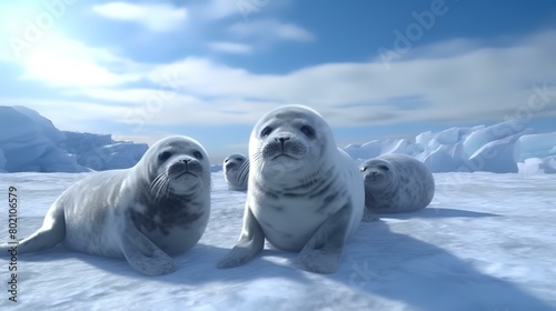 seals on the ice floe, 3d render, blue sky photo