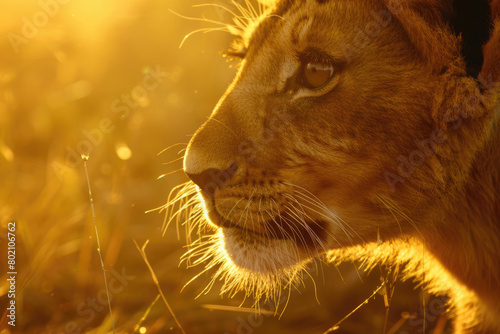 Sunlit lion cub with detailed whiskers