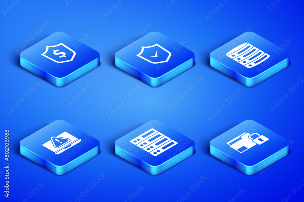 Set Folder and lock, Shield with dollar, Server, Data, Web Hosting, Laptop exclamation mark, check and icon. Vector