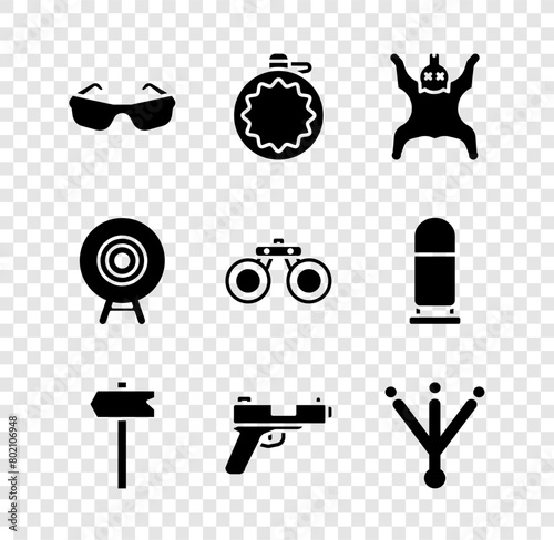 Set Glasses, Canteen water bottle, Bear skin, Road traffic sign, Pistol or gun, Bird footprint, Target sport and Binoculars icon. Vector