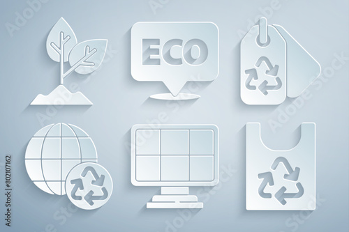 Set Solar energy panel, Tag with recycle, Planet earth and recycling, Plastic bag, Label for eco healthy food and Plant icon. Vector