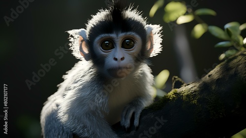 Portrait of a cute monkey sitting on a tree in the forest photo