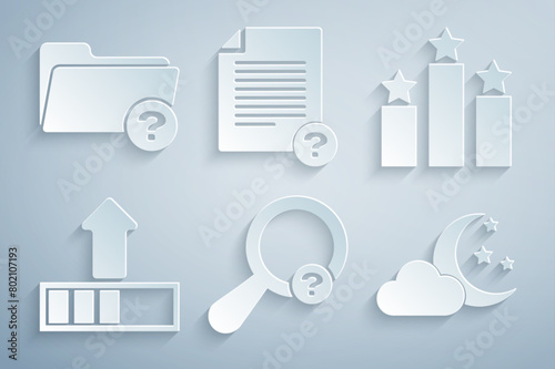 Set Unknown search, Ranking star, Loading, Cloud with moon and stars, document and directory icon. Vector