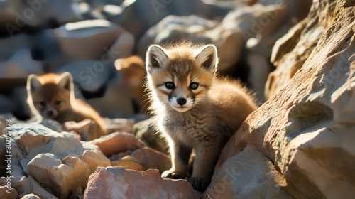 Little red fox cub sitting on the rock in the desert. Close up.