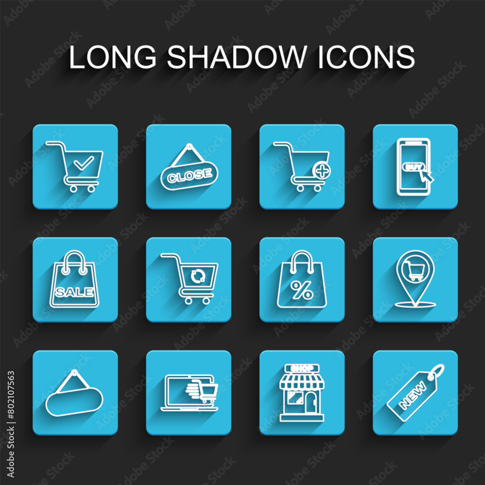 Set line Signboard hanging, Shopping cart on laptop, with check mark, Market store, Price tag New, Refresh shopping, Location and bag percent icon. Vector Set line Signboard hanging, Shopping cart on laptop, with check mark, Market store, Price tag New, Refresh shopping, Location and bag percent icon. Vector