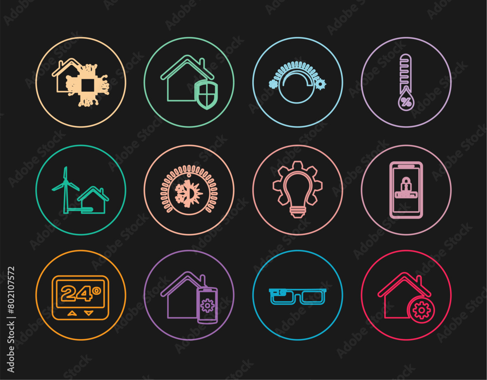 Set line Smart home settings, Mobile and password protection, Thermostat, House with wind turbine, Light bulb gear and under icon. Vector Set line Smart home settings, Mobile and password protection, Thermostat, House with wind turbine, Light bulb gear and under icon. Vector