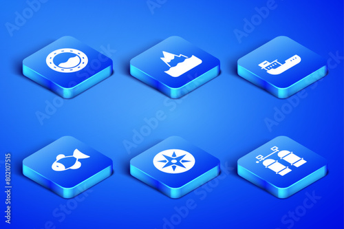 Set Aqualung, Ship porthole, Wind rose, Fish, Iceberg and Cargo ship icon. Vector