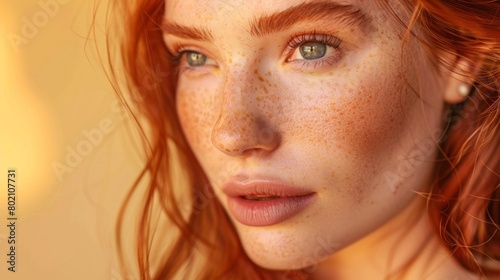 A contemplative young woman with fiery red hair and freckles, basked in the soft glow of sunset light.