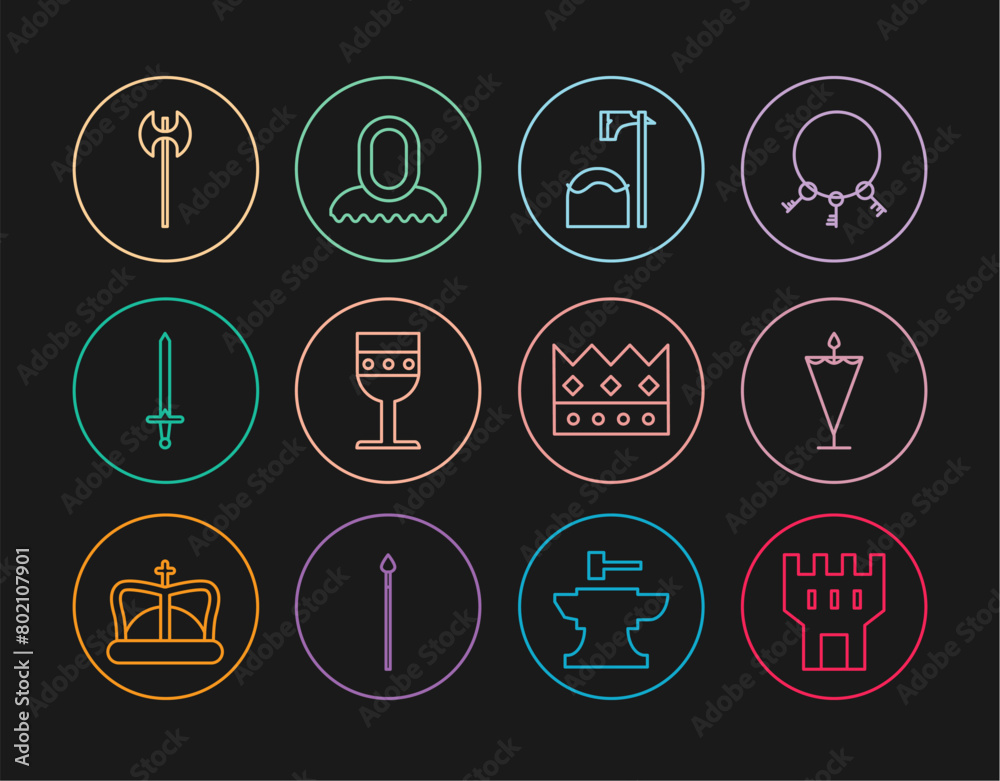Set line Castle tower, Medieval flag, Executioner axe in tree block, goblet, sword, King crown and hood icon. Vector Set line Castle tower, Medieval flag, Executioner axe in tree block, goblet, sword, King crown and hood icon. Vector
