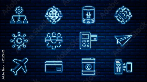 Set line POS terminal, Paper plane, Voice assistant, Project team base, Copywriting network, Lead management, Pos and Outsourcing concept icon. Vector