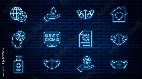 Set line Medical protective mask, Stay home, Human and virus, Earth globe with, Clipboard blood test results and Washing hands soap icon. Vector