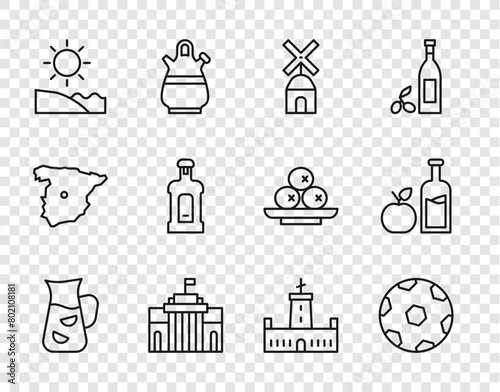 Set line Sangria, Football ball, Windmill, Prado museum, Beach, Orujo, Montjuic castle and Apple cider bottle icon. Vector