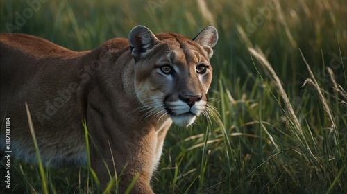 majestic female cougar on the hunt for some prey in high grass © STYNG
