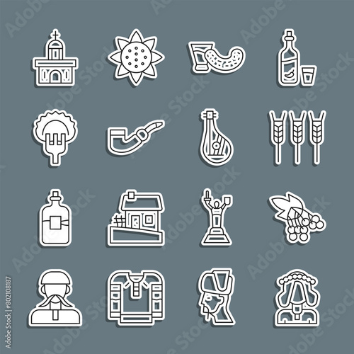 Set line Ukrainian woman, Branch viburnum, Wheat, Glass with vodka, Smoking pipe, Dumplings on fork, Church building and Bandura icon. Vector