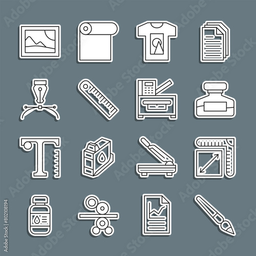 Set line Paint brush, Paper size, Ink bottle, T-shirt, Ruler, Fountain pen nib, Picture landscape and Copy machine icon. Vector