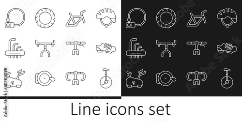 Set line Unicycle or one wheel bicycle, Bicycle shoes, frame, handlebar, Tool allen keys, lock, and tire icon. Vector photo