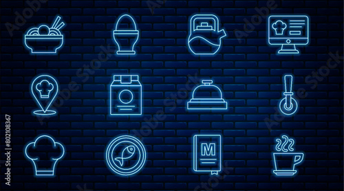 Set line Coffee cup, Pizza knife, Kettle with handle, Online ordering delivery, Chef hat location, Asian noodles bowl, Hotel service bell and Chicken egg stand icon. Vector