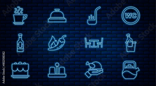 Set line Kettle with handle, Champagne in ice bucket, Kitchen ladle, Hot chili pepper pod, Wine bottle, Coffee cup, Wooden table chair and Hotel service bell icon. Vector