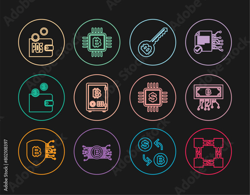 Set line Blockchain technology, Cryptocurrency bitcoin with circuit, key, Proof of stake, wallet, Processor chip dollar and CPU mining farm icon. Vector