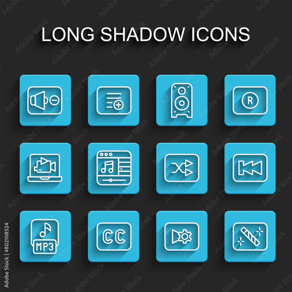 Set line MP3 file, Subtitles, Speaker mute, Music or video settings, Photo retouching, player, Rewind button and Arrow shuffle icon. Vector Set line MP3 file, Subtitles, Speaker mute, Music or video settings, Photo retouching, player, Rewind button and Arrow shuffle icon. Vector