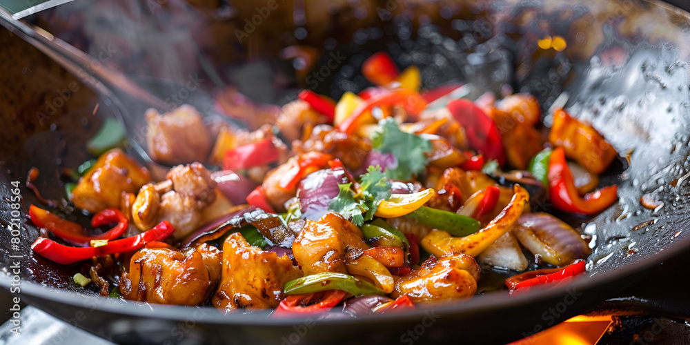 Closeup of a spatula tossing chicken and vegetables in a hot wok with black background Closeup of a spatula tossing chicken and vegetables in a hot wok with black background