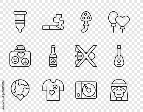 Set line The heart world - love, Hippie girl, Psilocybin mushroom, Peace t-shirt print stamp, Condom, Beer bottle, Vinyl player and Guitar icon. Vector