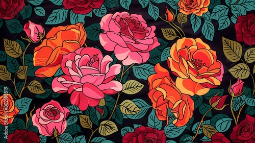 pink and orange rose plants pattern illustration poster background