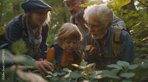Grandparents and grandchildren embarking on a nature scavenger hunt in a nearby forest, discovering hidden treasures along the way. photo