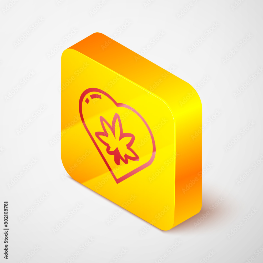 Isometric line Marijuana leaf in heart shape icon isolated on grey background. Hemp symbol. Yellow square button. Vector Illustration Isometric line Marijuana leaf in heart shape icon isolated on grey background. Hemp symbol. Yellow square button. Vector Illustration