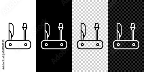 Set line Swiss army knife icon isolated on black and white background. Multi-tool, multipurpose penknife. Multifunctional tool. Vector photo