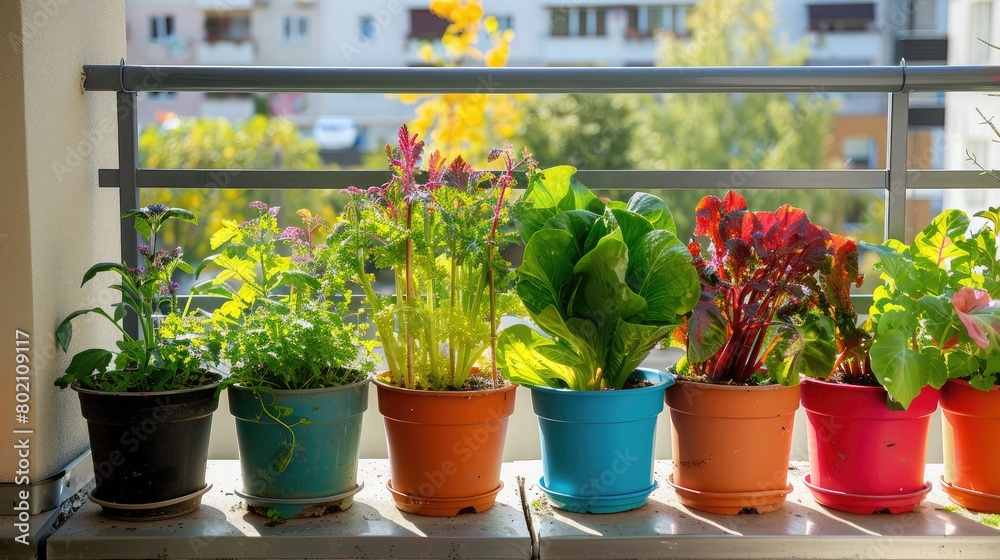 Colorful container garden with rows of pots containing different types of vegetables on a sunny balcony.